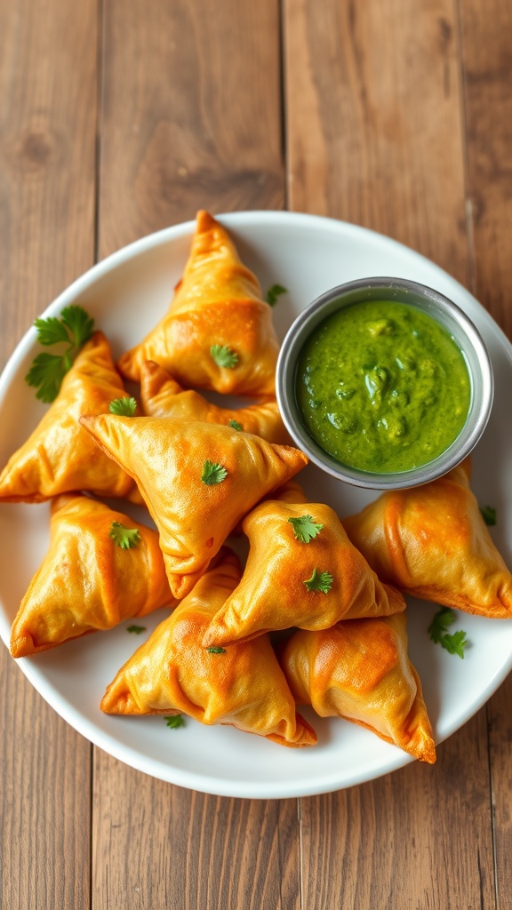 Crispy vegetable samosas on a plate with mint chutney, garnished with cilantro.